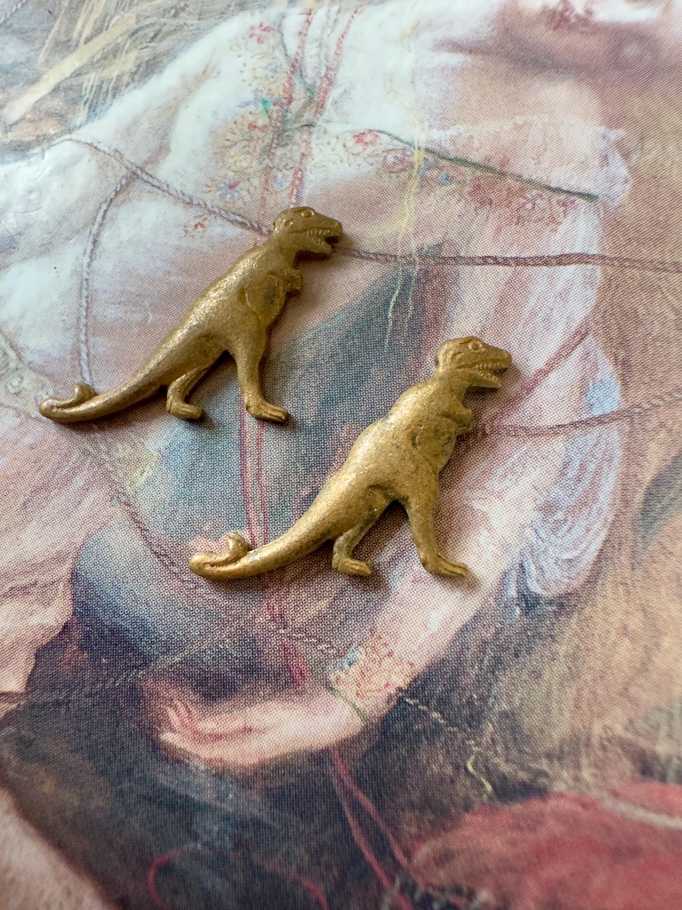 2 Vintage T Rex Dinosaurs Art Deco Very Old Brass Flat Back