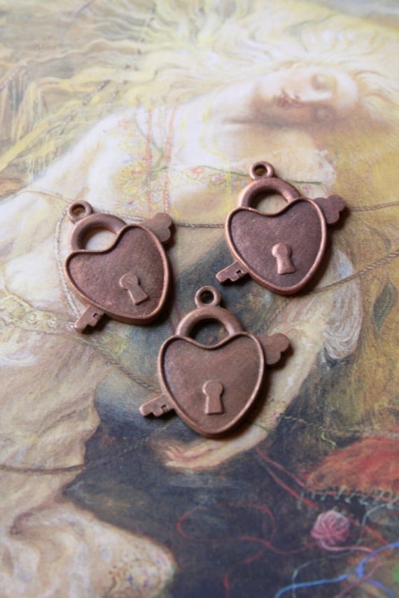 3 Vintage Very Old Brass Etched Heart Locket Charm
