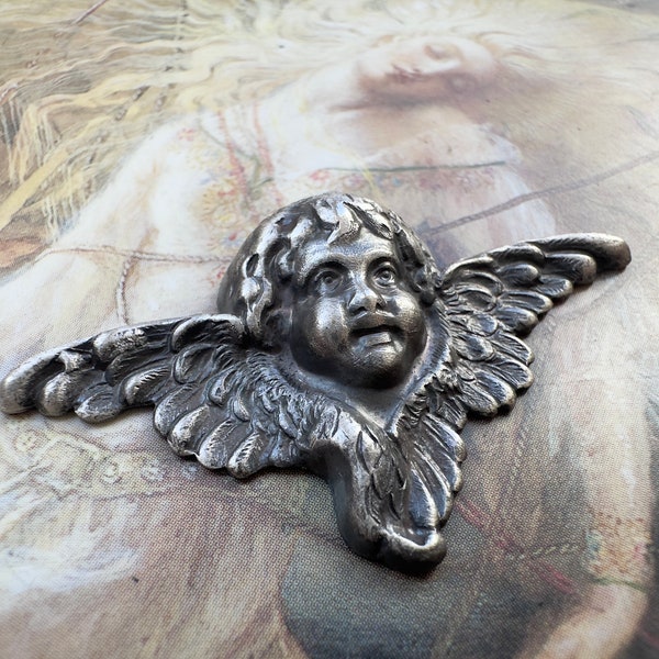 Vintage Rare France Winged Cherub Silver Plated Repousse Art Nouveau Stamping 1 5/8" - REF 4238