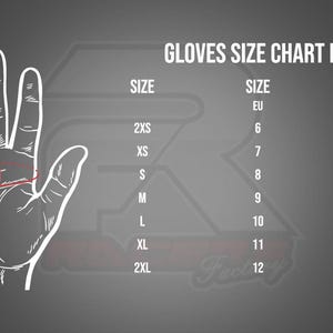 May include: A glove size chart in centimeters, with a hand illustration showing where to measure. The chart lists sizes from 2XS to 2XL, EU sizes 6 to 12, and corresponding widths around the fingers, ranging from 16.5 to 25.5 cm.