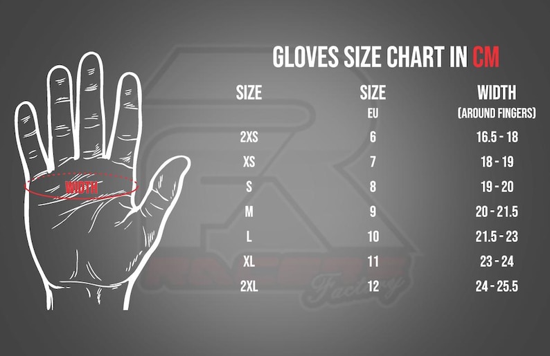 May include: A glove size chart in centimeters, with a hand illustration showing where to measure. The chart lists sizes from 2XS to 2XL, EU sizes 6 to 12, and corresponding widths around the fingers, ranging from 16.5 to 25.5 cm.