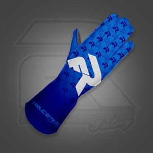 May include: A blue racing glove with a white "R" logo and a pattern of smaller "R" logos. The glove has a gradient design, transitioning from a darker blue at the wrist to a lighter blue towards the fingers. The text "RACERS Factory" is visible.