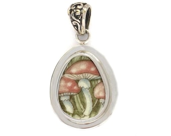 Broken China Jewelry Woodland Mushrooms Sterling Drop Pendant
