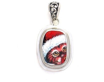 Broken China Jewelry Kitty Cat R Striped Cat with Santa Hat Sterling Rectangle Pendant