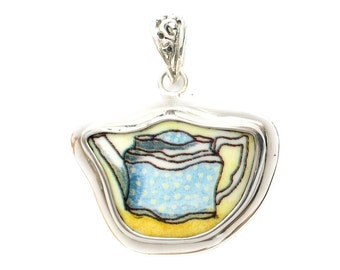 Broken China Jewelry Duchess Teapot Blue Speckled Tea Pot Sterling Pendant