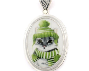 Broken China Jewelry Gray Grey Striped Winter Cat in Green Hat & Scarf Sterling Oval Pendant