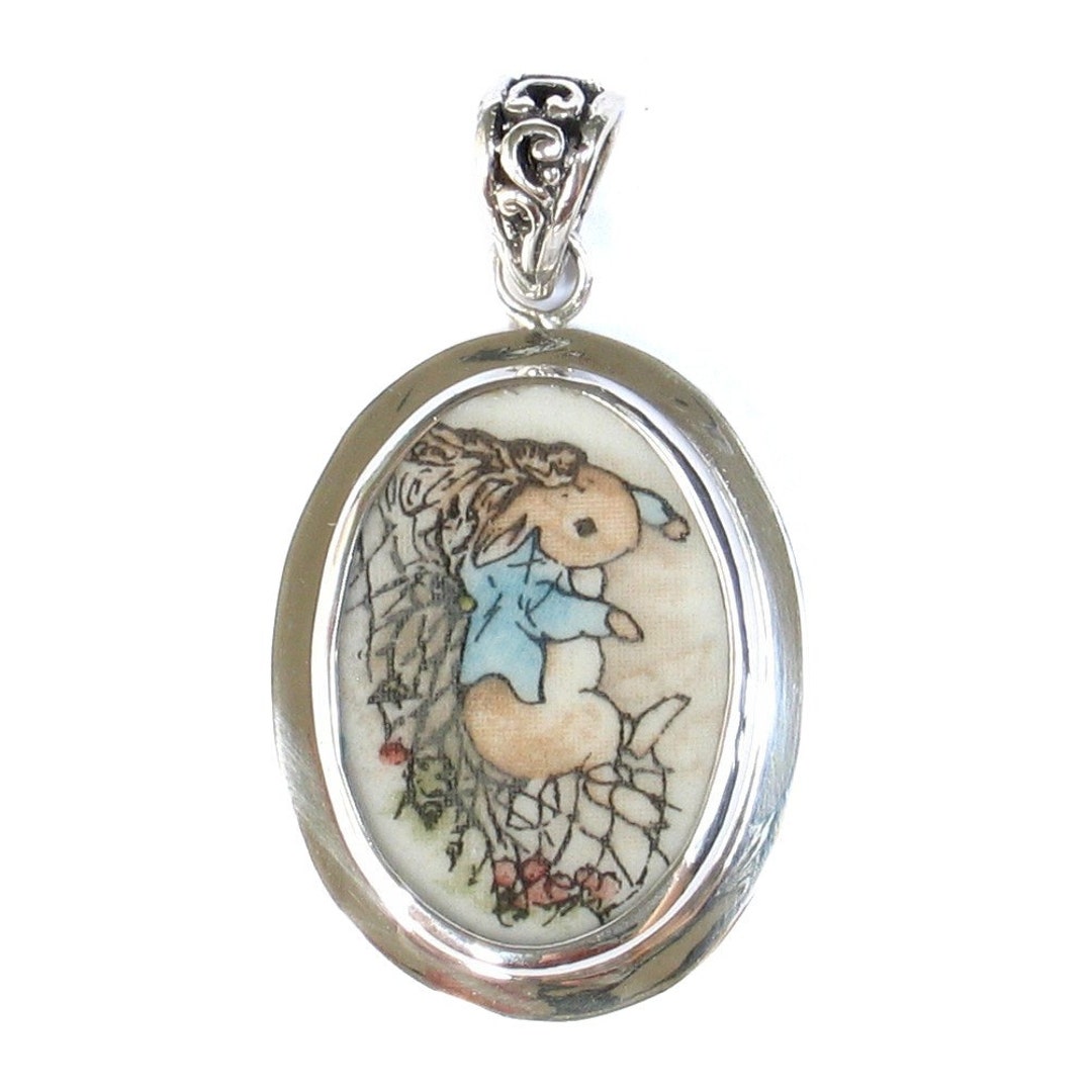 Broken China Jewelry Beatrix Potter Peter Rabbit With Net Sterling