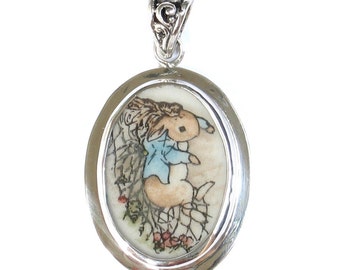 Broken China Jewelry Beatrix Potter Peter Rabbit with Net Sterling Pendant