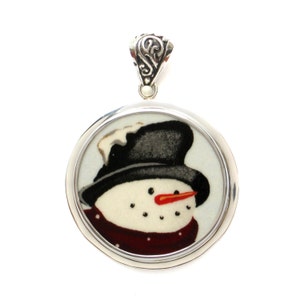 Broken China Jewelry Winter Snowman Snow Man w Hat & Scarf Sterling Circle Pendant