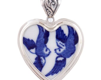 Broken China Jewelry Blue Willow Love Birds Small Sterling Heart Pendant A