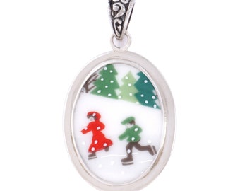 Broken China Jewelry Sleighride Winter Ice Skating Skaters Sterling Oval Pendant