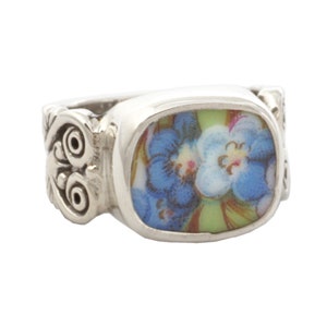 SIZE 7 Broken China Jewelry Bavarian Forget Me Nots Sterling Ring - A