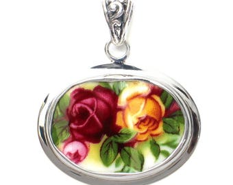 Broken China Jewelry Old Country Roses Red Yellow Double Rose Sterling Horizontal Oval Pendant