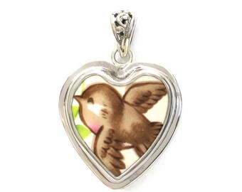 Broken China Jewelry Happy Robin Bird Sterling Heart Pendant