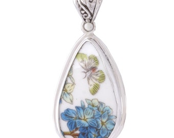 Broken China Jewelry Botanic Garden Blue Hydrangea Sterling Large Drop Pendant