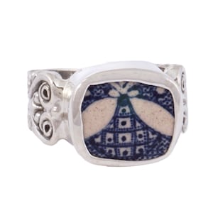 Size 10 Sterling Silver Ring, Broken China Jewelry - Old Granite Hearts and Flowers Bee