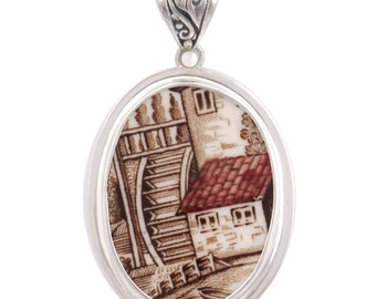 Broken China Jewelry Johnson Bros Old Mill Sterling Oval Pendant