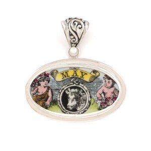 Broken China Jewelry Wedgwood Victorian May Almanac Taurus Zodiac Sterling Horizontal Oval Pendant