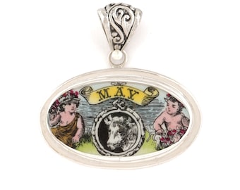 Broken China Jewelry Wedgwood Victorian May Almanac Taurus Zodiac Sterling Horizontal Oval Pendant