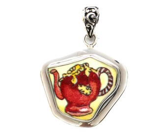 Broken China Jewelry Duchess Teapot Red and Gold Tea Pot Sterling Pendant