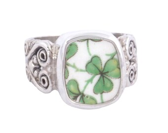 Size 8 Broken China Jewelry Arklow Shamrock Clover Sterling Rectangle Ring - B