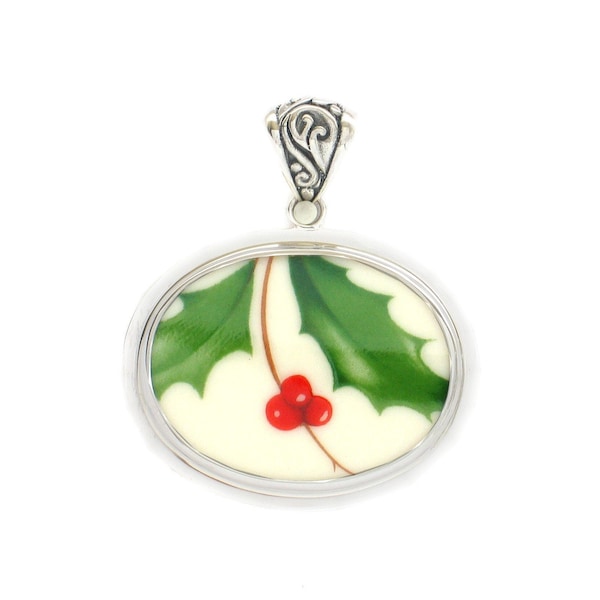 Broken China Jewelry Holly Holiday Sterling Horizontal Oval Pendant