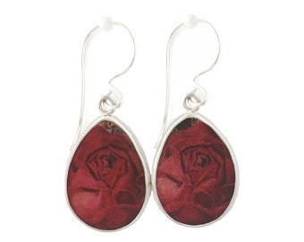 Broken China Jewelry Vintage Dark Red Rose Sterling Drop Dangle Earrings