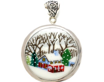 Broken China Jewelry Sleighride Winter Homestead Sterling Circle Pendant