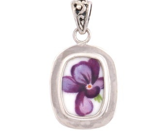 Broken China Jewelry Rossetti Spring Violets Purple Violet Rectangle Sterling Pendant