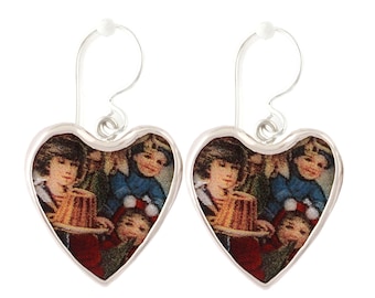 Broken China Jewelry Victorian Christmas Chidren Sterling Heart Dangle Earrings