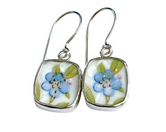 Broken China Jewelry Blue Forget Met Not Flowers Sterling Dangle Earrings