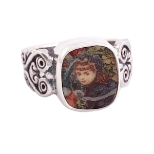 SIZE 9 Broken China Jewelry Victorian Girl in Blue Cloak Sterling Ring