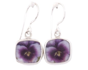 Broken China Jewelry Purple Pansy Single Flower A Sterling Earrings