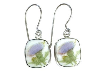 Broken China Jewelry Purple Lavender Thistle Flower Sterling Earrings