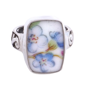 SIZE 6 Broken China Jewelry Blue Forget Me Not Flowers Sterling Ring - E