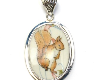 Beatrix Potter Squirrel Nutkin Pink Ribbon Broken China Jewelry Sterling Large Oval Pendant