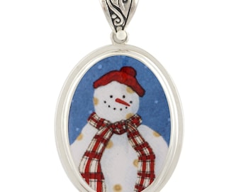 Broken China Jewelry Happy Folk Art Snowman Snow Man with Red Plaid Scarf Sterling Oval Pendant