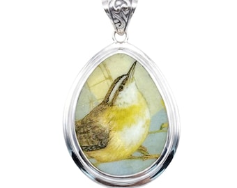 Broken China Jewelry Carolina Wren Bird Sterling Large Drop Pendant