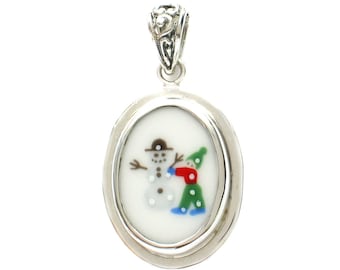 Broken China Jewelry Sleighride Let's Build a Snowman Winter Small Oval Pendant