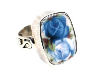 SIZE 10 Broken China Jewelry Moonlight Roses Light Dark Blue Double Rose Sterling Ring