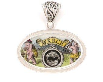 Broken China Jewelry Wedgwood Victorian March Almanac Pisces Zodiac Sterling Horizontal Oval Pendant