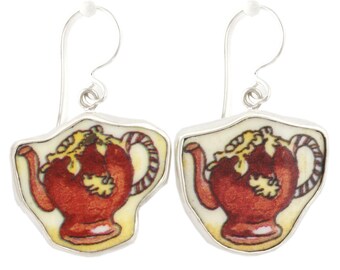 Broken China Jewelry Duchess Teapot Red and Yellow Tea Pot Sterling Earrings