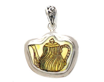 Broken China Jewelry Duchess Teapot Yellow Swirl Tea Pot Sterling Pendant