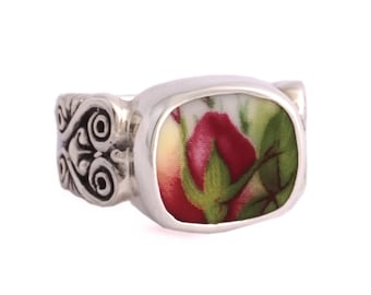 SIZE 7 Broken China Jewelry Old Country Roses Flame Bud Sterling Ring