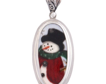 Broken China Jewelry Winter Snowman with Top Hat & Green Scarf Sterling Tall Oval Pendant