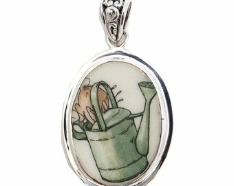 Broken China Jewelry Beatrix Potter Peter Rabbit Garden Watering Can Sterling Pendant