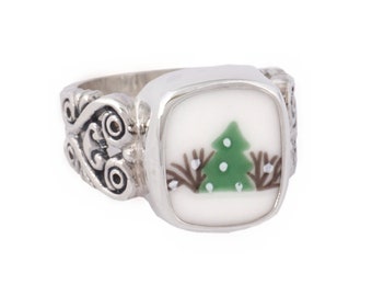 SIZE 9 Broken China Jewelry Sleighride Winter Trees Sterling Silver Ring