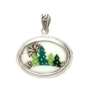 Broken China Jewelry Sleighride Assorted Christmas Trees Horizontal Oval Pendant