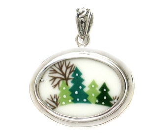 Broken China Jewelry Sleighride Assorted Christmas Trees Horizontal Oval Pendant