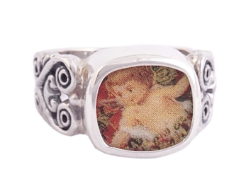 SIZE 9 Broken China Jewelry Victorian Cherub Angel Sterling Ring